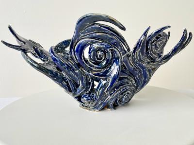 R A Pesce Fire Cutout Ceramic Vessel by R A Pesce Van Gogh Blue Glaze