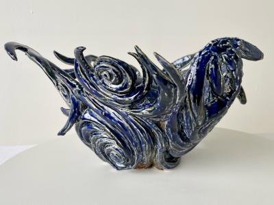 R A Pesce Fire Cutout Ceramic Vessel by R A Pesce Van Gogh Blue Glaze