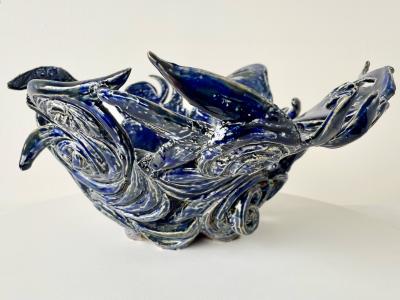 R A Pesce Fire Cutout Ceramic Vessel by R A Pesce Van Gogh Blue Glaze
