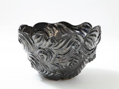 R A Pesce wheel thrown hand carved biomorphic vessel Signed