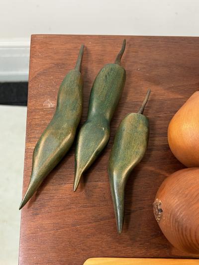 R Naye SIGNED ARTISAN WOOD PLATTER WITH BREAD CHEESE ONIONS PEPPERS AND KNIFE SCULPTURE