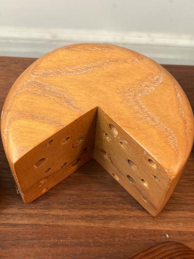 R Naye SIGNED ARTISAN WOOD PLATTER WITH BREAD CHEESE ONIONS PEPPERS AND KNIFE SCULPTURE
