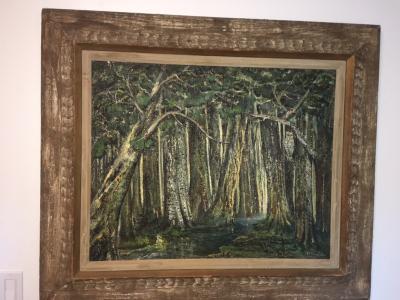 R T Francis EXCEPTIONAL MID CENTURY LANDSCAPE PAINTING WITH OWL AND FROG