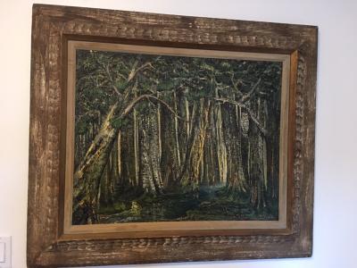 R T Francis EXCEPTIONAL MID CENTURY LANDSCAPE PAINTING WITH OWL AND FROG