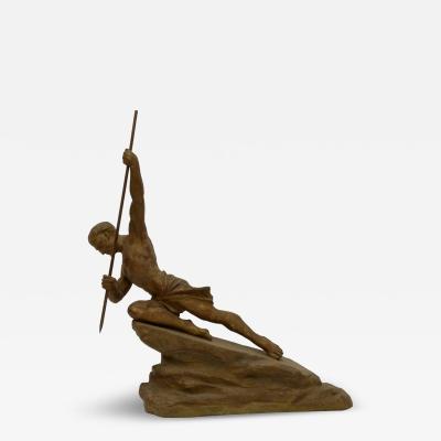 R Varnier French Art Deco Hunter with a spear Sculpture by R Varnier