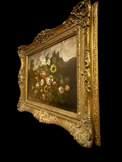 RACHEL RUYSCH 19TH CENTURY FLOWERS BUTTERFLY DARK LANDSCAPE CASTLE IN DISTANCE ORIGINAL FRAME