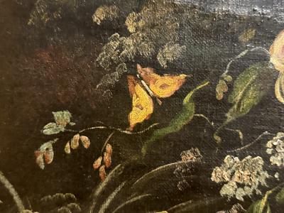 RACHEL RUYSCH 19TH CENTURY FLOWERS BUTTERFLY DARK LANDSCAPE CASTLE IN DISTANCE ORIGINAL FRAME