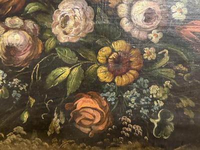 RACHEL RUYSCH 19TH CENTURY FLOWERS BUTTERFLY DARK LANDSCAPE CASTLE IN DISTANCE ORIGINAL FRAME