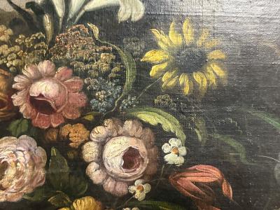 RACHEL RUYSCH 19TH CENTURY FLOWERS BUTTERFLY DARK LANDSCAPE CASTLE IN DISTANCE ORIGINAL FRAME