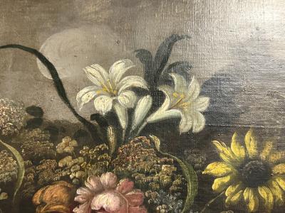 RACHEL RUYSCH 19TH CENTURY FLOWERS BUTTERFLY DARK LANDSCAPE CASTLE IN DISTANCE ORIGINAL FRAME