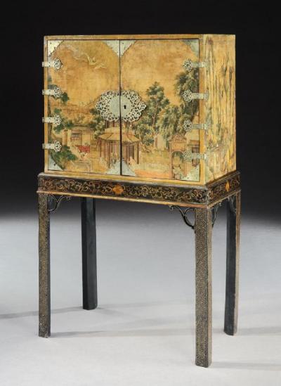 RARE CHINESE WALLPAPER COVERED CABINET ON ORIGINAL ENGLISH LACQUER STAND