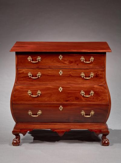RARE CHIPPENDALE BOMBE CHEST OF DRAWERS WITH BALL AND CLAW FEET