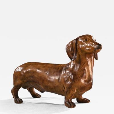 RARE FRENCH LIFE LIKE GLAZED TERRACOTTA SCULPTURE OF A DACHSHUND DOG