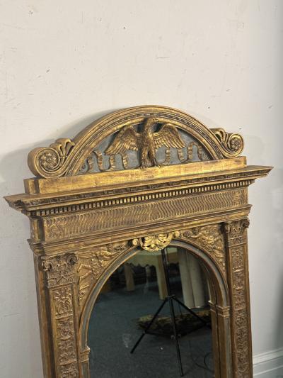 RARE GUSTAVIAN CARVED GILT WOOD EAGLE CREST CORINTHIAN COLUMN MIRROR