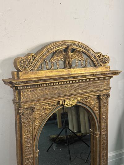 RARE GUSTAVIAN CARVED GILT WOOD EAGLE CREST CORINTHIAN COLUMN MIRROR