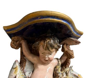 RARE ITALIAN CERAMIC PAIR OF CHERUB ANGEL SEALIFE BIRDS WALL SHELF SCONCES