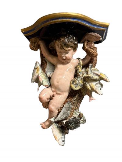 RARE ITALIAN CERAMIC PAIR OF CHERUB ANGEL SEALIFE BIRDS WALL SHELF SCONCES