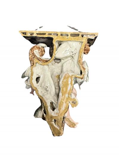 RARE ITALIAN CERAMIC PAIR OF CHERUB ANGEL SEALIFE BIRDS WALL SHELF SCONCES