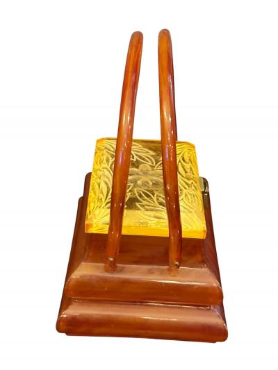 RARE LUCITE PAGODA HANDBAG WITH APPLEJUICE LUCITE CARVED FLORAL LID