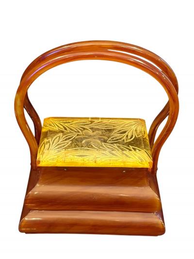 RARE LUCITE PAGODA HANDBAG WITH APPLEJUICE LUCITE CARVED FLORAL LID