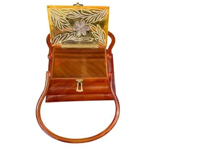 RARE LUCITE PAGODA HANDBAG WITH APPLEJUICE LUCITE CARVED FLORAL LID