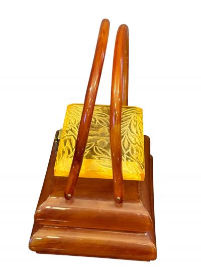 RARE LUCITE PAGODA HANDBAG WITH APPLEJUICE LUCITE CARVED FLORAL LID