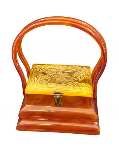 RARE LUCITE PAGODA HANDBAG WITH APPLEJUICE LUCITE CARVED FLORAL LID