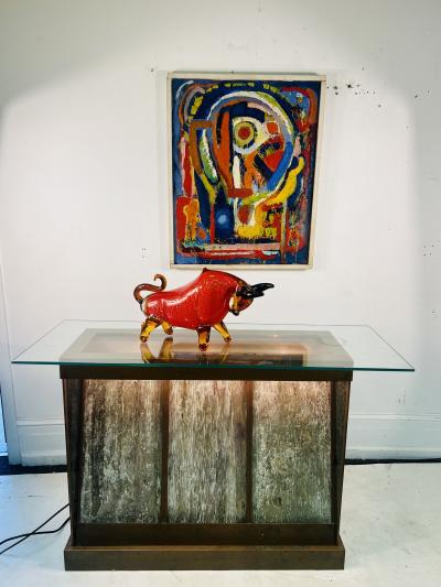 RARE MODERNIST TRAVERTINE AND COPPER ILLUMINATED WATERFALL CONSOLE