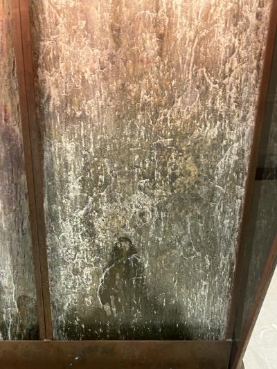 RARE MODERNIST TRAVERTINE AND COPPER ILLUMINATED WATERFALL CONSOLE