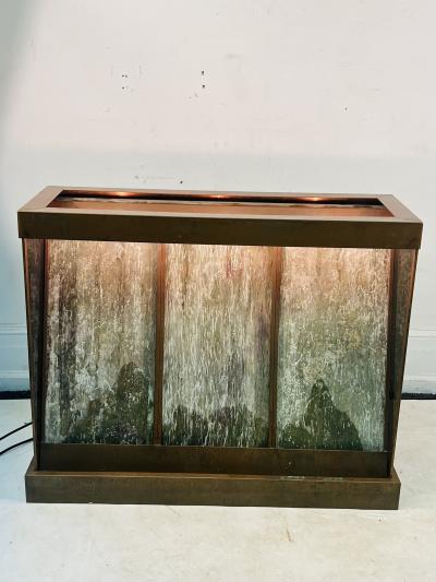RARE MODERNIST TRAVERTINE AND COPPER ILLUMINATED WATERFALL CONSOLE