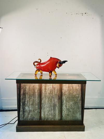 RARE MODERNIST TRAVERTINE AND COPPER ILLUMINATED WATERFALL CONSOLE