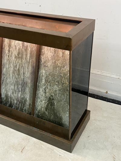RARE MODERNIST TRAVERTINE AND COPPER ILLUMINATED WATERFALL CONSOLE