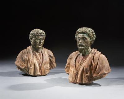 RARE PAIR OF 19TH C PORTRAIT BUSTS OF CAESARS MARCUS AURELIUS AND CARACALLA