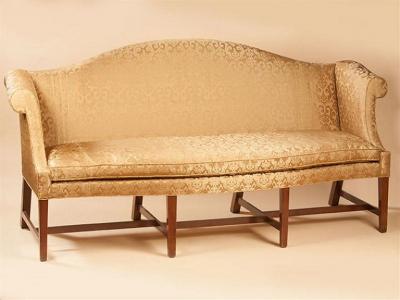RARE TRANSITIONAL CHIPPENDALE SERPENTINE FRONT RAIL CAMELBACK SOFA