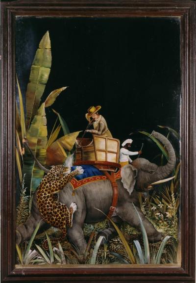 RARE VERY LARGE REVERSE GLASS PAINTED MIRROR DEPICTING AN EXOTIC HUNTING SCENE
