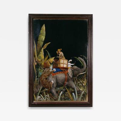 RARE VERY LARGE REVERSE GLASS PAINTED MIRROR DEPICTING AN EXOTIC HUNTING SCENE