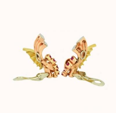 RETRO RUBY AND 14K PINK YELLOW AND WHITE GOLD EARRINGS