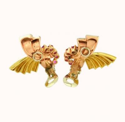 RETRO RUBY AND 14K PINK YELLOW AND WHITE GOLD EARRINGS