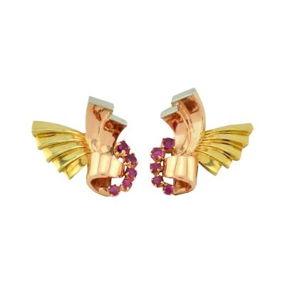 RETRO RUBY AND 14K PINK YELLOW AND WHITE GOLD EARRINGS