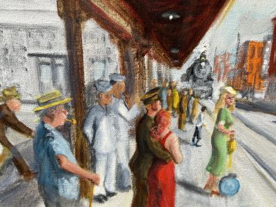 RETRO SCENE OF RAILROAD PLATFORM WPA STYLE PAINTING
