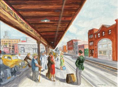 RETRO SCENE OF RAILROAD PLATFORM WPA STYLE PAINTING