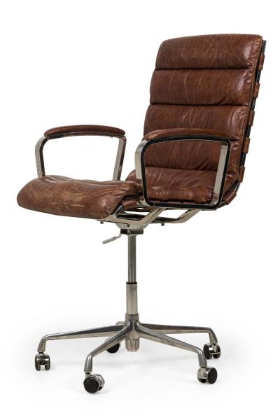 RH Oviedo Mid Century American Style Brown Leather Upholstered Swivel Desk Cha