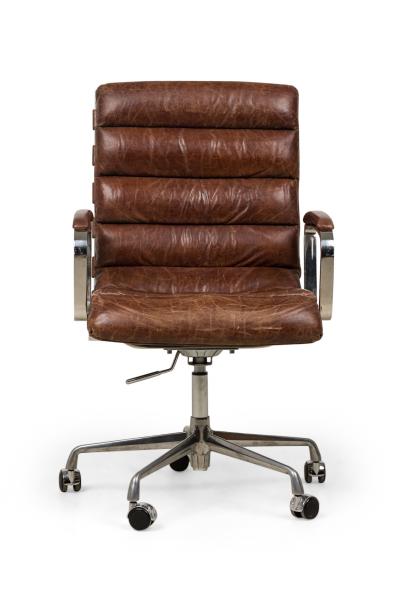 RH Oviedo Mid Century American Style Brown Leather Upholstered Swivel Desk Cha