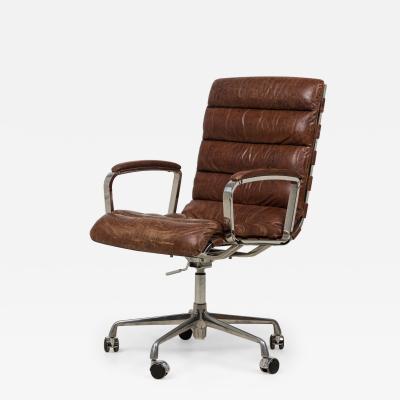 RH Oviedo Mid Century American Style Brown Leather Upholstered Swivel Desk Cha