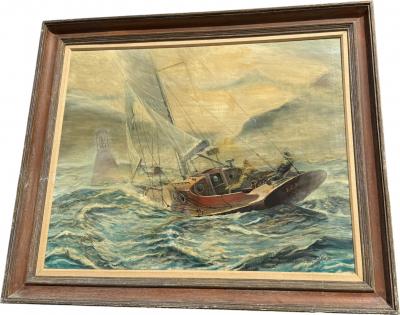 ROBERT GOSS BOWEN MONUMENTAL SEASCAPE PAINTING TITLED FOG BREAK BY ROBERT GOSS BOWEN 1968