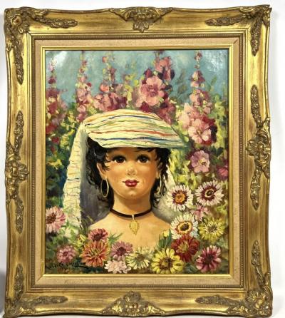 ROBERTA CHEVALIER MID CENTURY PARISIAN GIGI PORTRAIT IN LUSH GARDEN PAINTING SIGNED
