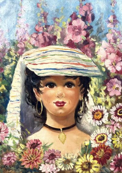 ROBERTA CHEVALIER MID CENTURY PARISIAN GIGI PORTRAIT IN LUSH GARDEN PAINTING SIGNED