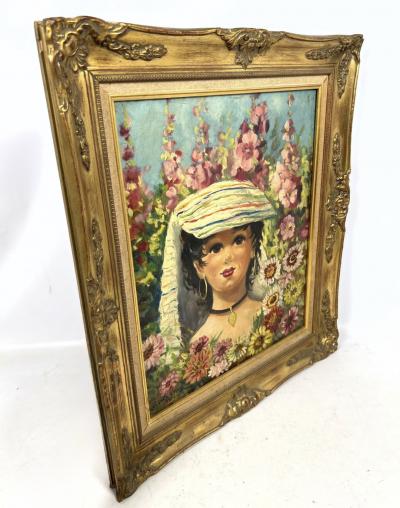 ROBERTA CHEVALIER MID CENTURY PARISIAN GIGI PORTRAIT IN LUSH GARDEN PAINTING SIGNED