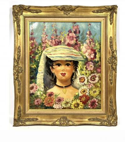 ROBERTA CHEVALIER MID CENTURY PARISIAN GIGI PORTRAIT IN LUSH GARDEN PAINTING SIGNED