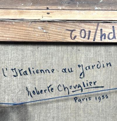 ROBERTA CHEVALIER MID CENTURY PARISIAN GIGI PORTRAIT IN LUSH GARDEN PAINTING SIGNED